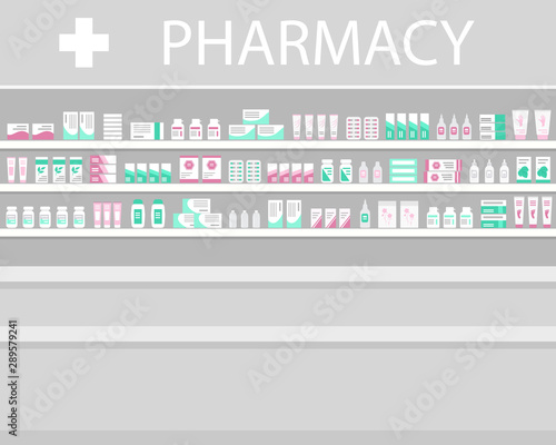 Pharmacy showcase. Shelves with medicines. Pharmacy interior. Vector illustration.
