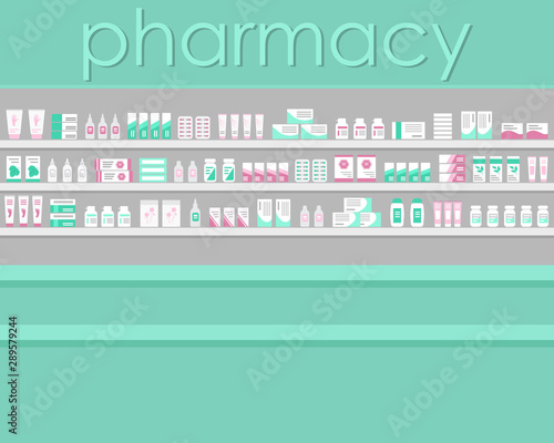 Pharmacy showcase. Shelves with medicines. Pharmacy interior. Vector illustration