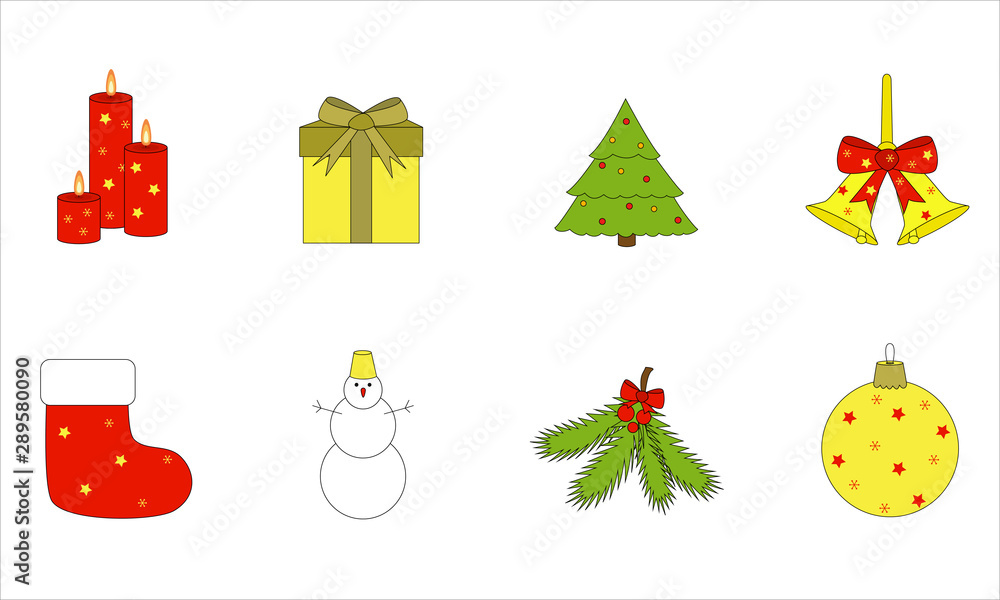 bell, candle, celebration, christmas, christmas ball, colorful, cute, december, decoration, decorative, design, element, flat, gift, gift box, greeting, holiday, icon, icons, illustration, isolated, m