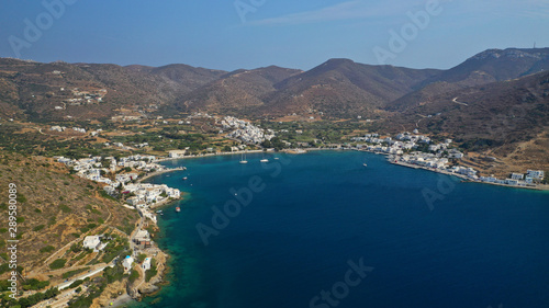 Aerial drone photo of iconic port and picturesque village of Katapola in island of Amorgos, Cyclades, Greece