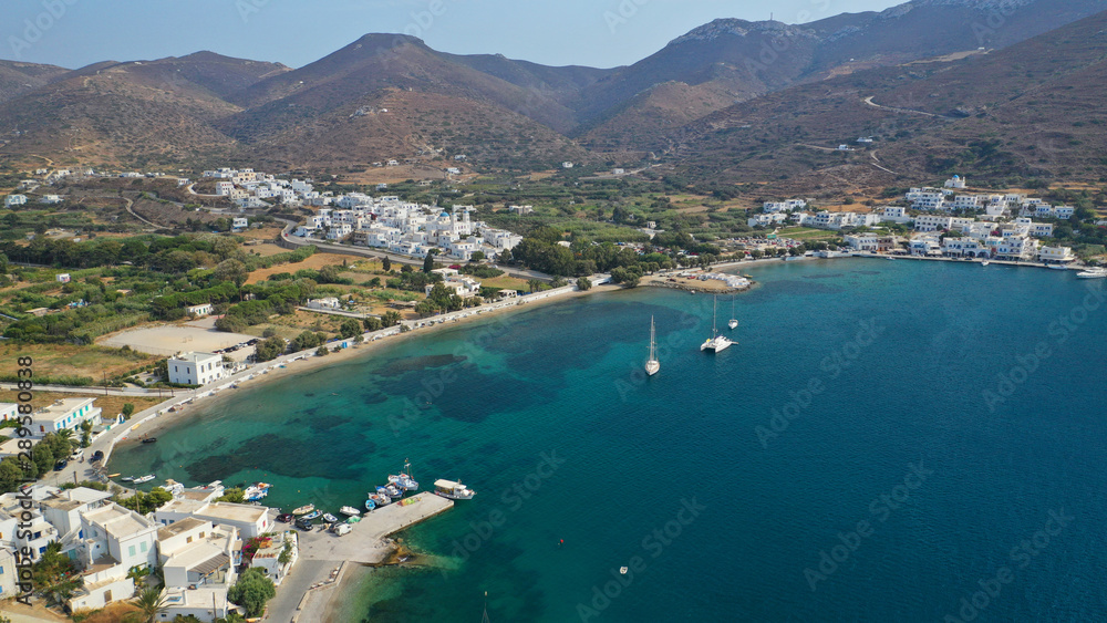 Naklejka premium Aerial drone photo of iconic port and picturesque village of Katapola in island of Amorgos, Cyclades, Greece