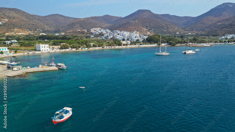 Aerial drone photo of iconic port and picturesque village of Katapola in island of Amorgos, Cyclades, Greece