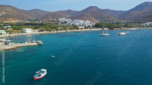 Aerial drone photo of iconic port and picturesque village of Katapola in island of Amorgos  Cyclades  Greece