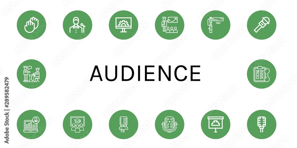 Set of audience icons such as Applause, Singer, Engeneering, Presentation, Microphone, Demographic, Class, Training , audience Set of audience icons such as Applause, Singer, Engeneering, Presentation, Microphone, Demographic, Class, Training , audience