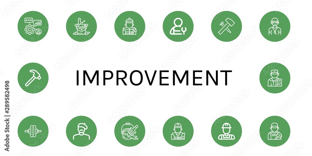 Set of improvement icons such as Skills, Paint bucket, Builder, Plumber, Hammer, Coach, Roller, Painter , improvement