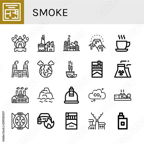 Set of smoke icons such as Evacuation plan, Incense burner, Coal factory, Factory, Lava, Cup, Pollution, Incense, Cigarette, Nuclear plant, Warming, Cupping, Carbon dioxide , smoke