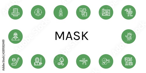 Set of mask icons such as Entertainment, Thief, Serum, Actor, Greyscale, Paintball, Hockey, Fencer, Oxygen mask, Paintball gun, Pool kickboard, Dance, Burglar, Facial treatment , mask