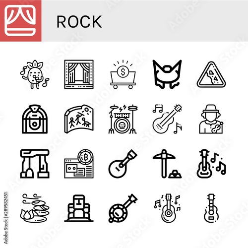 Set of rock icons such as Stage, Singing, Mine, Bungee jumping, Falling rocks, Jukebox, Cave painting, Drum kit, Guitar, Musician, Dolmen, Mining, Stones, Moai, Banjo , rock