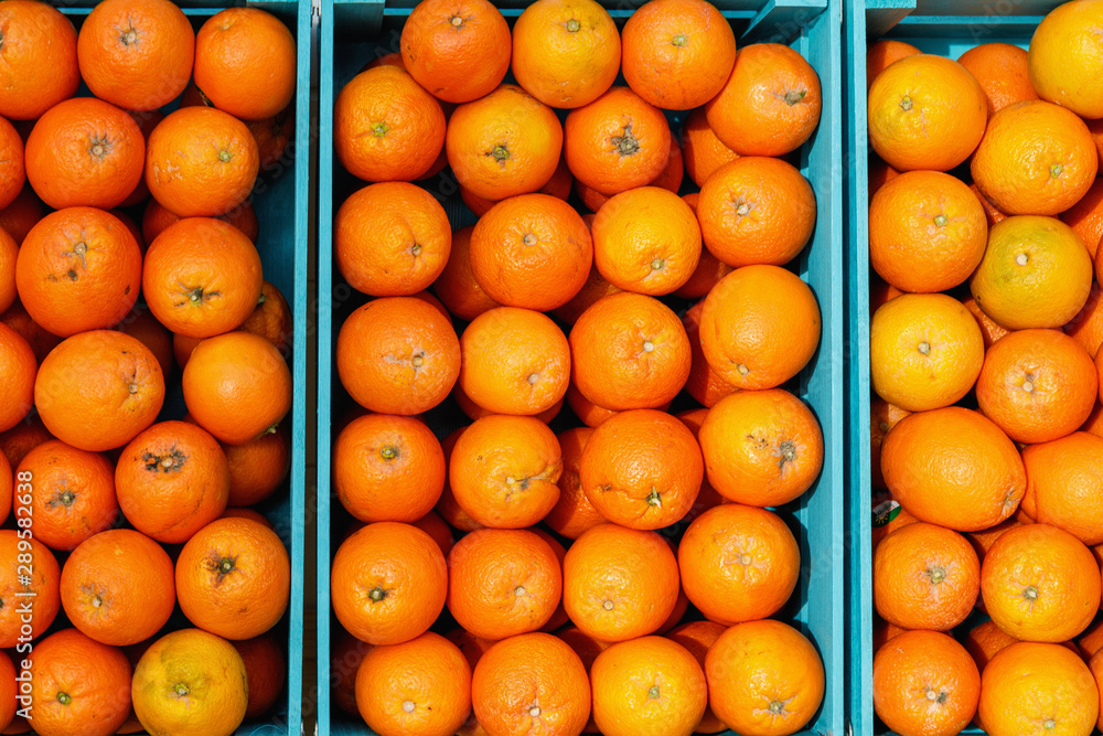 Oranges in blue boxes in fruit shop