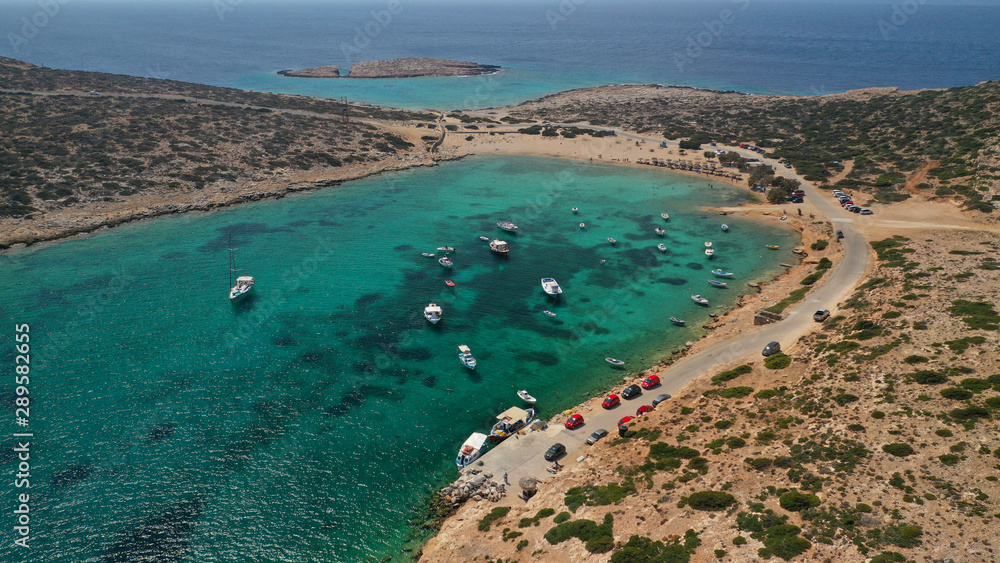 Aerial drone photo of paradise beach of Kalotaritissa with emerald clear sea, Amorgos island, Cyclades, Greece