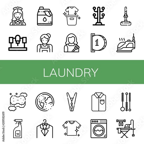 Set of laundry icons such as Maid, Machine, Cleaner, Laundry, Housekeeper, Coat stand, Insert coin, Mop, Iron, Sponge, Cleaning products, Ozone, Clothespin, Ironed, Washing machine , laundry