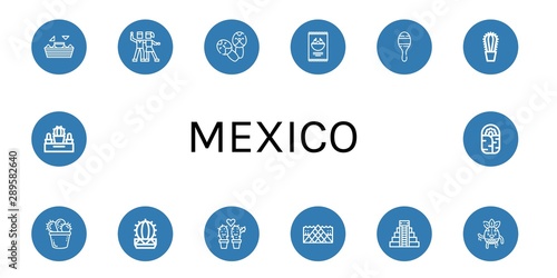 Set of mexico icons such as Nachos, Salsa, Maracas, Cactus, Louvre, Mayan pyramid, Wrestler, Burrito , mexico