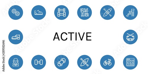 Set of active icons such as Buttons, Shoe, Weightlifting, Dance, Kayak, Waterpark, Golfer, Skateboard, Bike, Add, Canoe , active