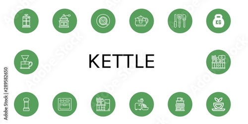 Set of kettle icons such as French press, Coffee grinder, Coffee, Teapot, Kitchen tools, Kettlebell, Grinder, Oven, Kitchen, Mincer, Coffee shop, Herbal tea, Dripper , kettle