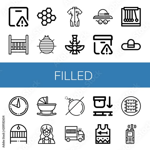 Set of filled icons such as Important delivery, Cradle, Bond, Woodlouse, Neoprene, Faravahar, Pamela hat, Pendulum, Sundial, Mathematician, No bomb, Prisoner transport vehicle , filled