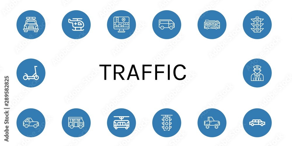 Set of traffic icons such as Police car, Helicopter, Navigator, Van, Bus, Traffic light, Car, School bus, Tram, Jeep, Limousine, Scooter, Train , traffic Set of traffic icons such as Police car, Helicopter, Navigator, Van, Bus, Traffic light, Car, School bus, Tram, Jeep, Limousine, Scooter, Train , traffic