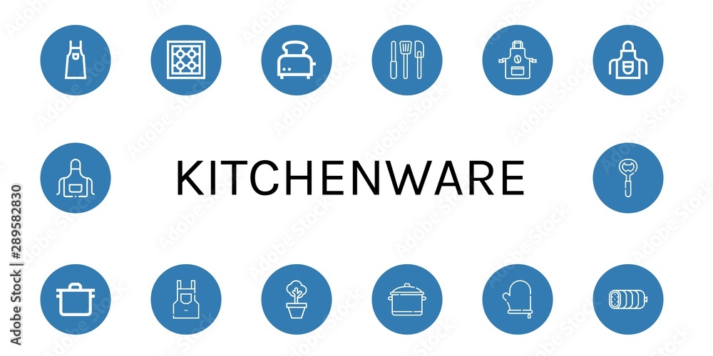 Set of kitchenware icons such as Apron, Stove, Toaster, Kitchen tools, Pot, Oven mitt, Boiled, Bottle opener , kitchenware Set of kitchenware icons such as Apron, Stove, Toaster, Kitchen tools, Pot, Oven mitt, Boiled, Bottle opener , kitchenware