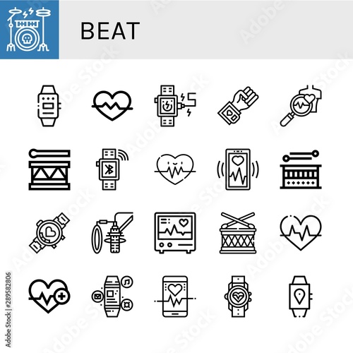Set of beat icons such as Drum kit, Smartwatch, Heart rate, Blood pressure, Health check, Drum, Heart monitoring, Dubbing, Electrocardiogram, Heartbeat , beat