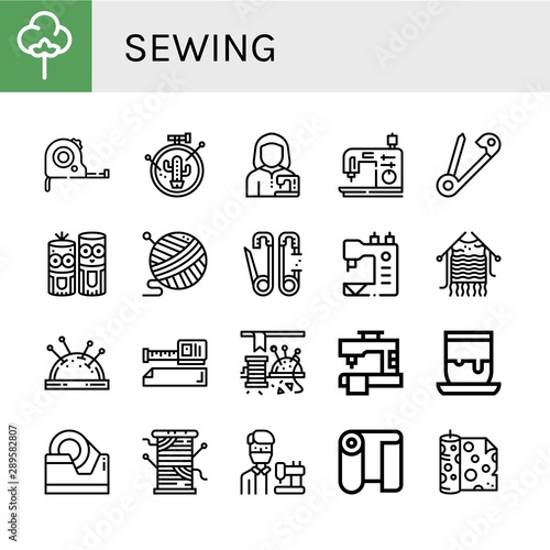 Set of sewing icons such as Textile, Measuring tape, Embroidery, Tailor, Sewing machine, Safety pin, Model craft, Yarn, Knitting, Pin cushion, Measure tape, Sewing, Handicrafts ,