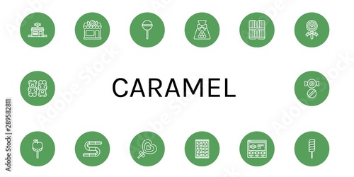 Set of caramel icons such as Candy shop, Lollipop, Candy, Toffee, Caramelized apple, Gummy, Gummy bear , caramel