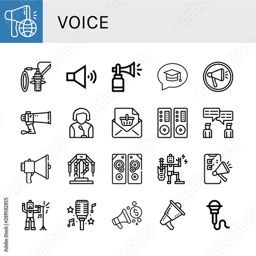 Set of voice icons such as Megaphone, Dubbing, Speaker, Horn, Chat, Announcement, Loudspeaker, Robotics, Sound system, Music, Singer, Microphone , voice