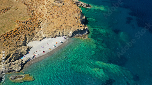 Aerial drone photo of paradise small secluded beach of Tzanakia with emerald clear sea, Astypalaia island, Dodecanese, Greece