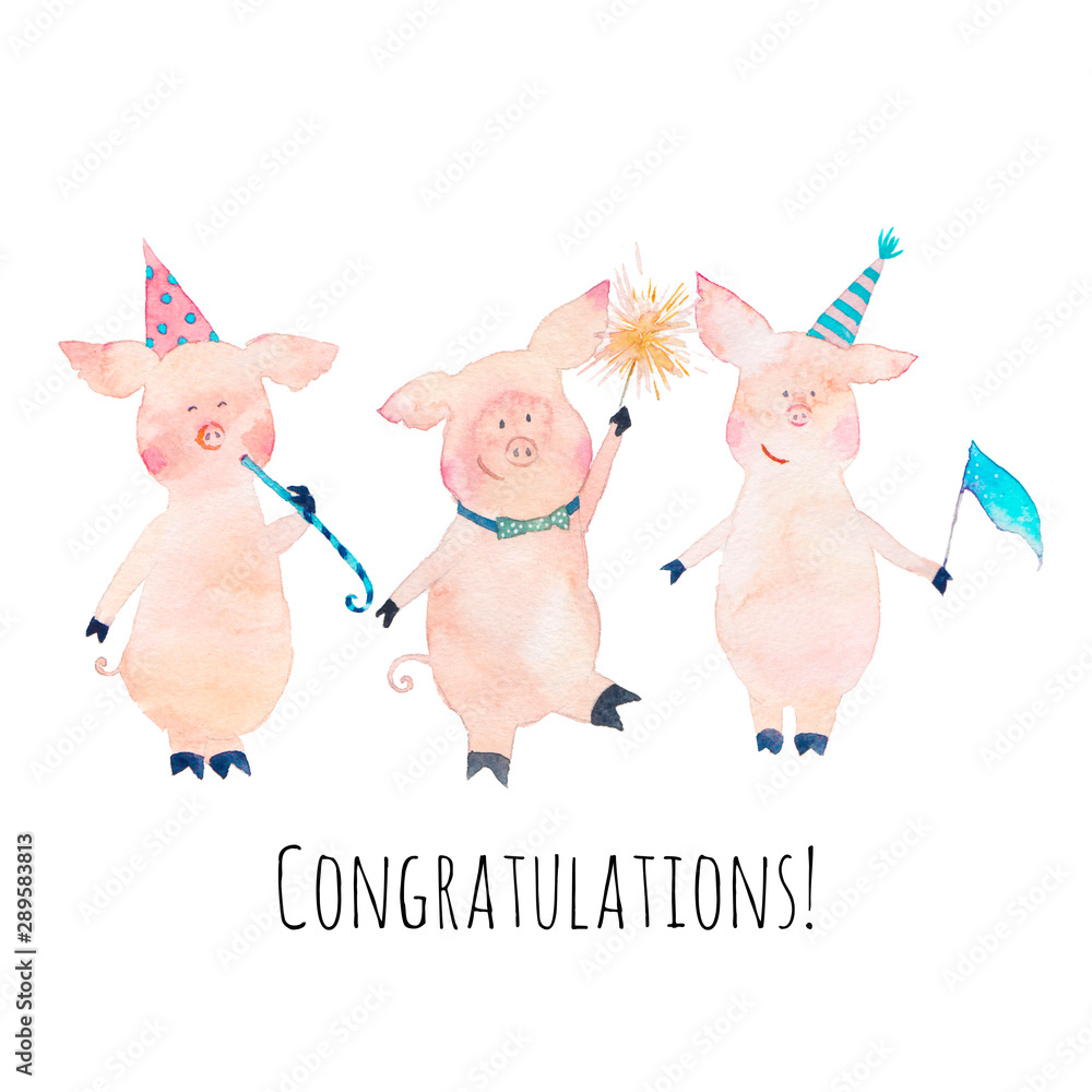 Congratulations funny card. Watercolor three pigs characters celebrating  holiday. Hand painted cartoon animals illustration isolated on white  background. Stock Illustration | Adobe Stock