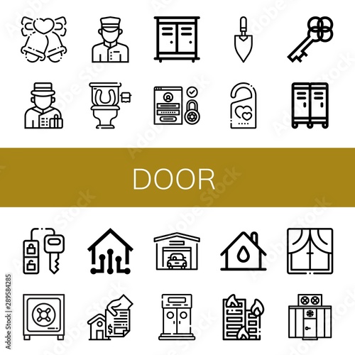 Set of door icons such as Bells, Bellboy, Doorman, Restroom, Lockers, Login, Trowel, Do not disturb, Key, Locker, Car key, Safe box, Smart house, Home, Garage, Entrance , door