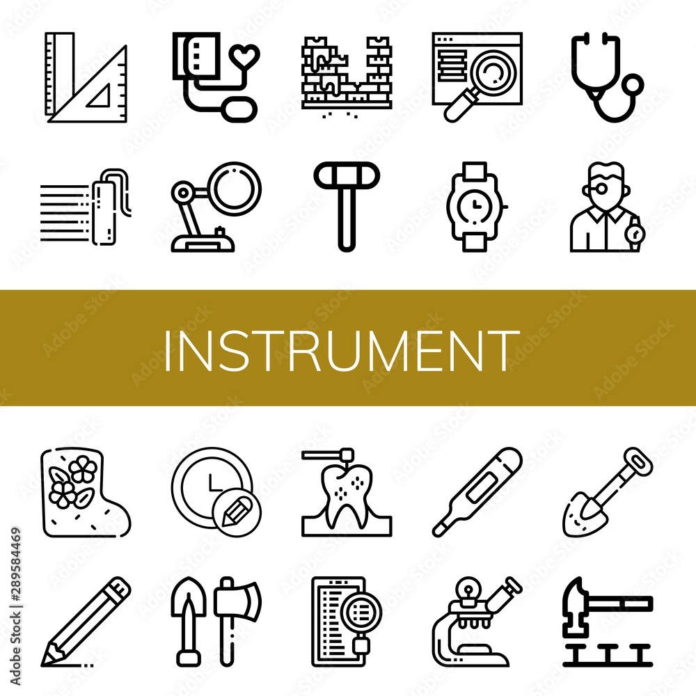 Obraz premium Set of instrument icons such as Rulers, Paint roller, Blood pressure, Magnifying glass, Brick, Reflex hammer, Searching, Wristwatch, Stethoscope, Watchmaker, Valenki , instrument