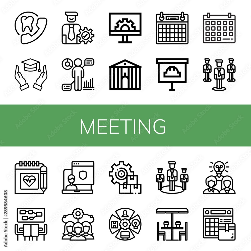 Set of meeting icons such as Appointment, Hands, Manager, Hr, Engeneering, Town hall, Calendar, Presentation, Group, Schedule, Meeting, Administrator, Team, Management , meeting