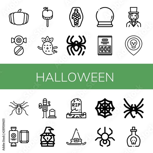 Set of halloween icons such as Pumpkin, Candy, Caramelized apple, Ghost, Mummy, Spider, Crystal ball, Magician, Skull, Widower, Witch, Grave, Witch hat, Spider web , halloween