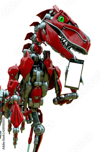 velociraptor robot holding a cellphone side view