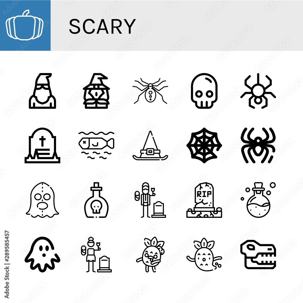 Set of scary icons such as Pumpkin, Executioner, Witch, Spider, Skull, Grave, Dead, Witch hat, Spider web, Poison, Widower, Haunted house, Widow, Zombie, Ghost , scary