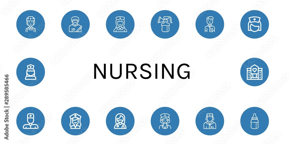 Set of nursing icons such as Nurse, Surgeon, Breast pump, Baby bottle, Hospice , nursing Set of nursing icons such as Nurse, Surgeon, Breast pump, Baby bottle, Hospice , nursing