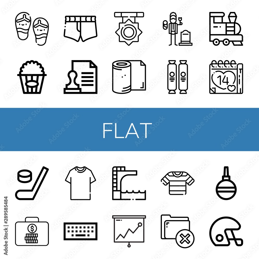 Set of flat icons such as Flip flops, Popcorn, Short, Stamp, Medal, Toilet paper, Widower, Chocolate, Train, Valentines day, Hockey, Suitcase, Tshirt, Keyboard, Trampoline , flat