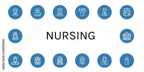 Set of nursing icons such as Nurse, Surgeon, Breast pump, Baby bottle, Hospice , nursing