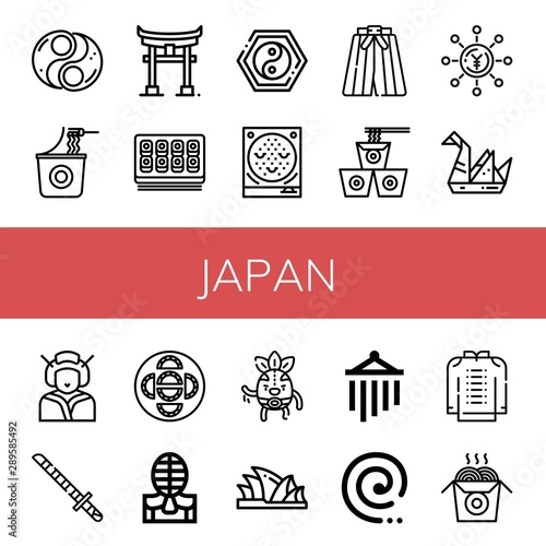 Set of japan icons such as Yin yang, Instant noodles, Torii, Sushi roll, Pachinko, Kimono, Noodles, Yen, Origami, Geisha, Katana, Dumpling, Kendo, Wrestler, Sydney opera house , japan