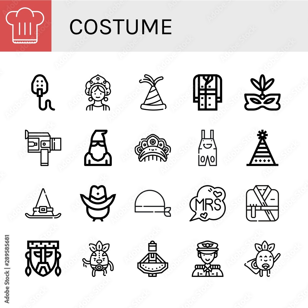 Set of costume icons such as Chef hat, Mask, Kokoshnik, Party hat, Trench coat, Eye mask, Super, Executioner, Overall, Fun hat, Witch Cowboy Bandana, Mrs, Kimono , costume