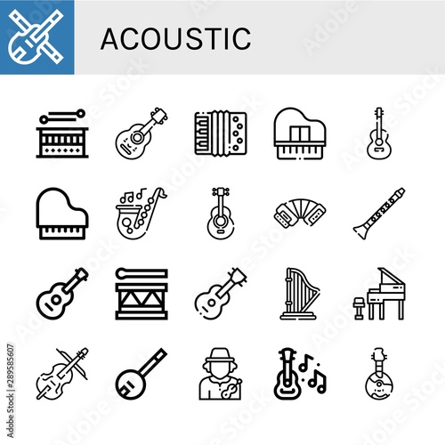 Set of acoustic icons such as Violin, Drum, Acoustic guitar, Accordion, Piano, Guitar, Saxophone, Clarinet, Harp, Grand piano, Cello, Banjo, Musician, Domra , acoustic