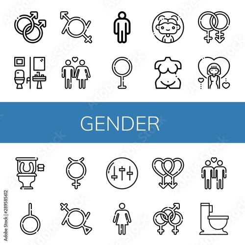 Set of gender icons such as Gay, Restroom, Gender fluid, Heterosexual, Male, Transvestite, Woman, Venus, Bisexual, Neutral, Hermaphrodite, Equalizer, Female, Wc , gender