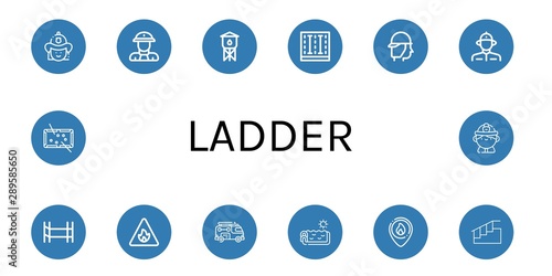 Set of ladder icons such as Firefighter, Fireman, Water tower, Swimming pool, Scaffolding, Fire sign, Fire truck, Stairs, Pool , ladder