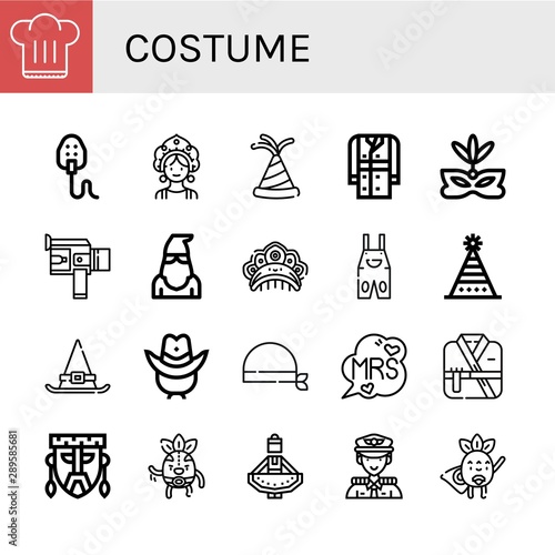 Set of costume icons such as Chef hat, Mask, Kokoshnik, Party hat, Trench coat, Eye mask, Super, Executioner, Overall, Fun hat, Witch Cowboy Bandana, Mrs, Kimono , costume