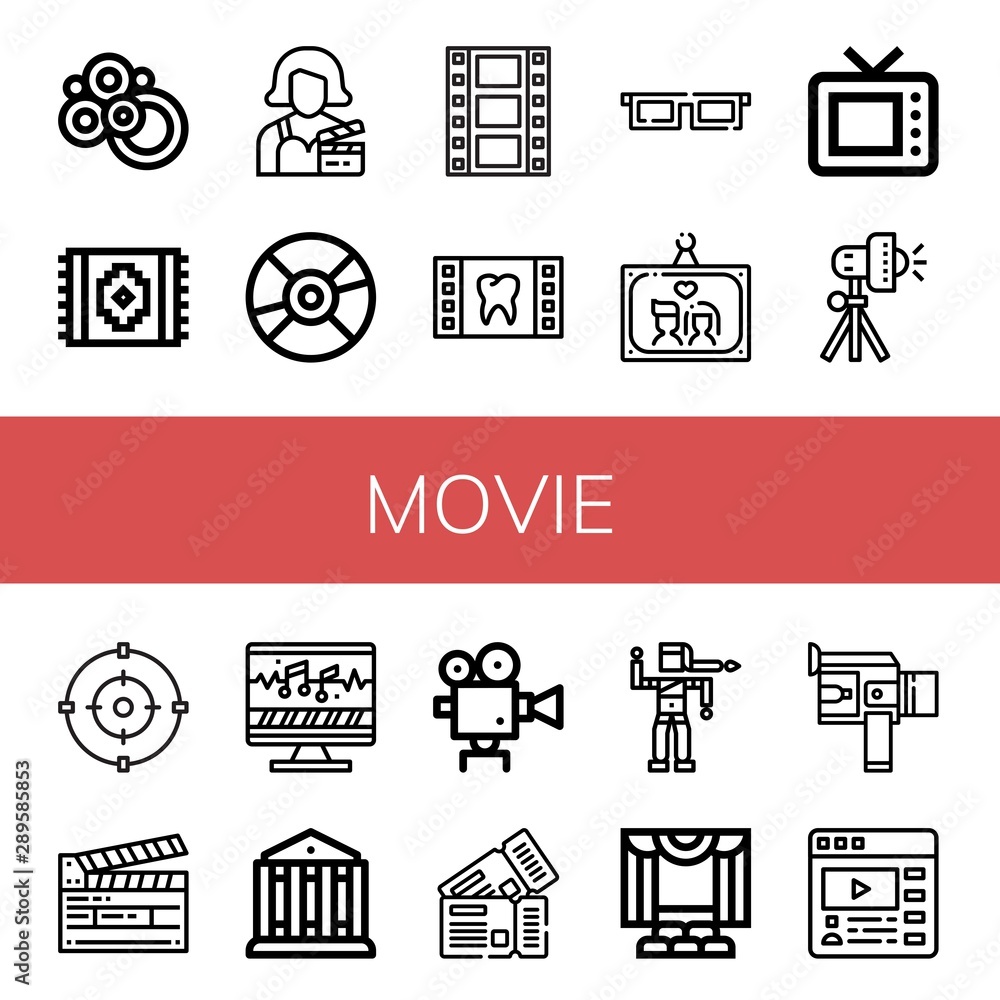 Set of movie icons such as Carpet, Actress, Compact disc, Film, d glasses, Wedding photo, Old tv, Studio lighting, Focus, Clapperboard, Sound editing, Theatre, Movie camera , movie Set of movie icons such as Carpet, Actress, Compact disc, Film, d glasses, Wedding photo, Old tv, Studio lighting, Focus, Clapperboard, Sound editing, Theatre, Movie camera , movie