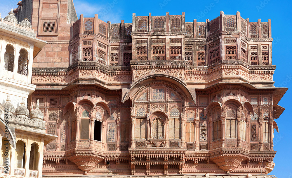 Exterior of palace in famous Mehrangarh Fort in Jodhpur, Rajasthan state, India. 15th century A.D.