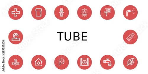 Set of tube icons such as Pipe, Sample tube, Canvas, Tattoo machine, Fire hose, Plumbing, Water hose, Video player, Experimentation, Water meter, Ointment , tube