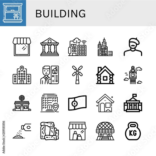 Set of building icons such as Window, Shop, Bank, Smart city, Skyscraper, Painter, Hotel, Real estate, Windmill, Wooden house, Big ben, Pizza shop, Portugal, House , building