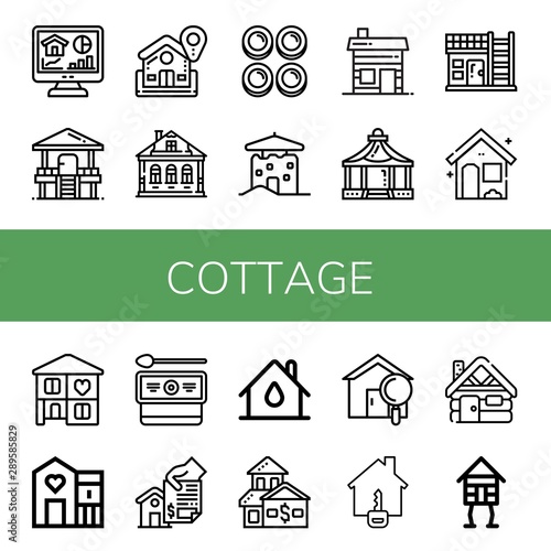 Set of cottage icons such as Home, Hut, Izba, Curd, House, Shelter, Cottage, Cabin, Wooden house , cottage