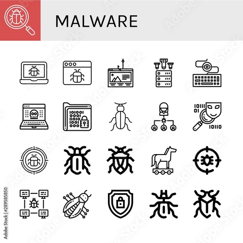 Set of malware icons such as Bug, Malware, Phishing, Ddos, Keylogger, Hack, Encrypt, Beetle, Spyware, Trojan horse, Anti bug, Encrypted , malware