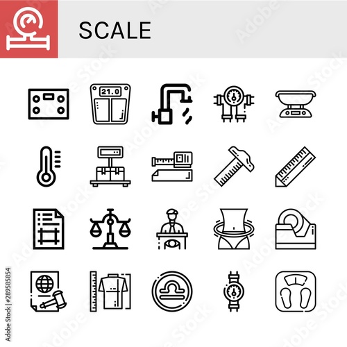 Set of scale icons such as Water meter, Bathroom scale, Hot water, Gauge, Scale, Thermometer, Measure tape, Ruler, Artboard, Eyewitness, Hula hoop, Tape, Justice, Measure ,