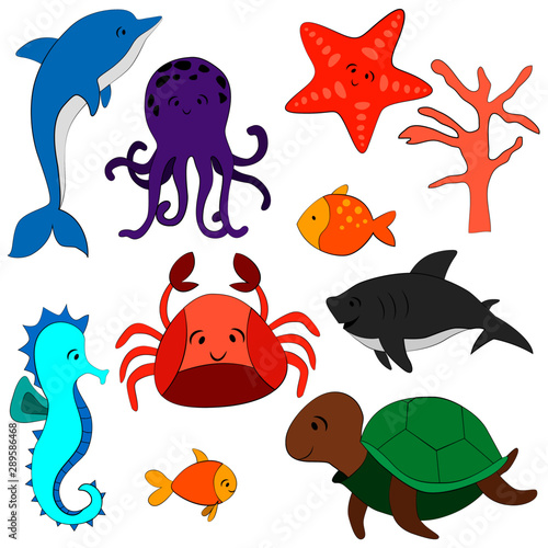 set of patterns with sea animals  cartoon style drawing